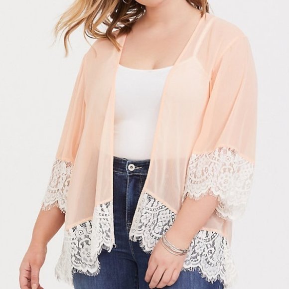 Torrid Peach Mimosa Light Sheer Chiffon Kimono 3/4 - Picture 2 of 15